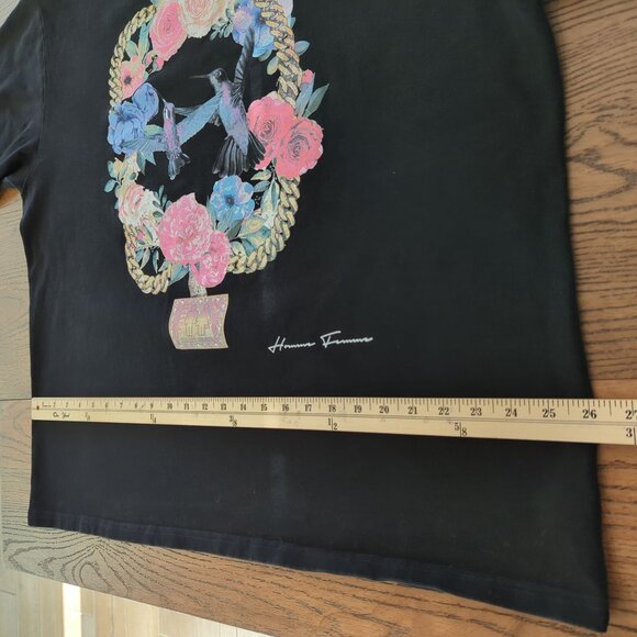 Homme Femme Graphic T-Shirt XXL Large Black Floral Hummingbird Chain Streetwear - Picture 9 of 10
